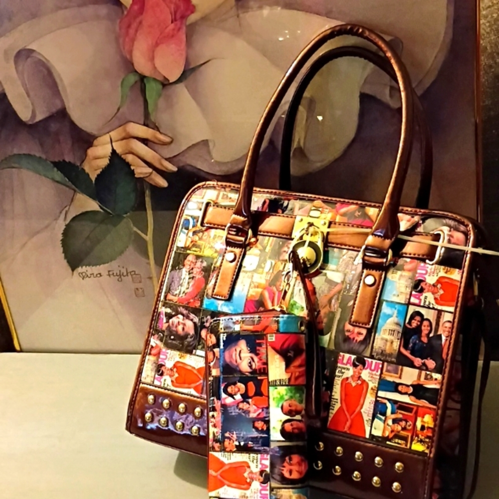 Glossy Michelle Obama Magazine Cover Collage Bag Purse /matching Wallet.